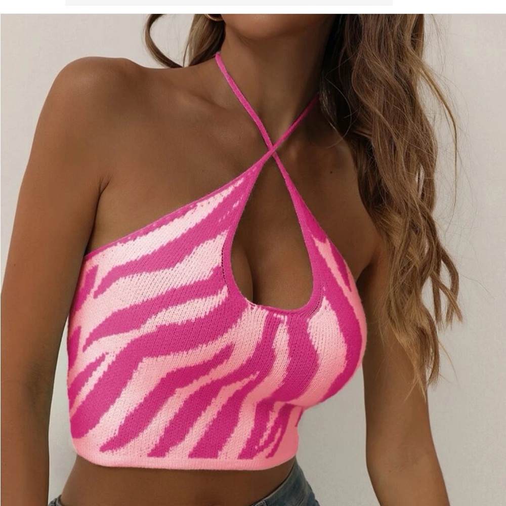 pink zebra sweater halter crop top